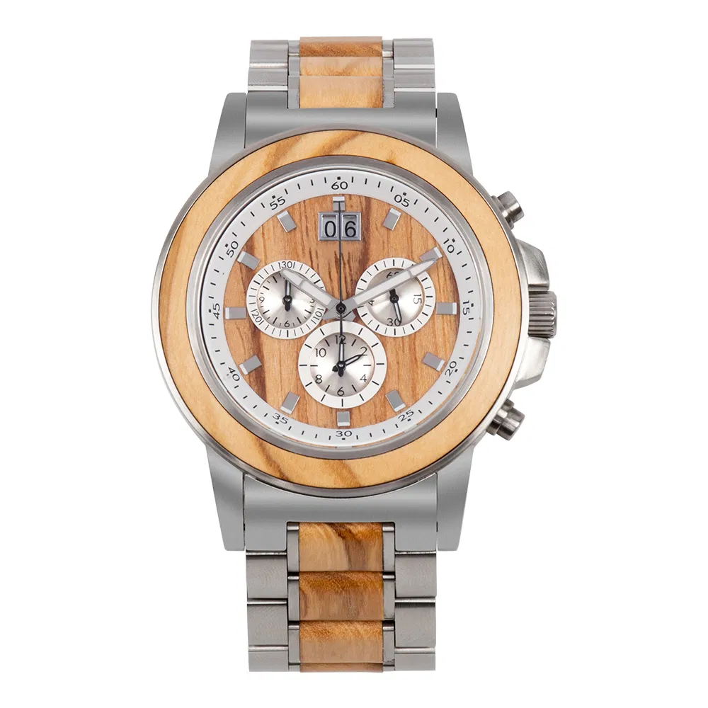 Bewell Custom 3ATM Water Resistant Stainless Steel with Natural Wood Band Men Metal with Wood Chronograph Watch