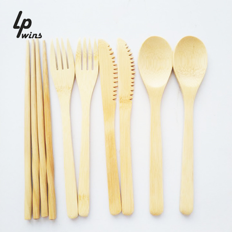 Wholesale Customized Eco-Friendly Home Gift Wooden Bamboo Knife Spoon Chopsticks Tableware with Storage Pouch