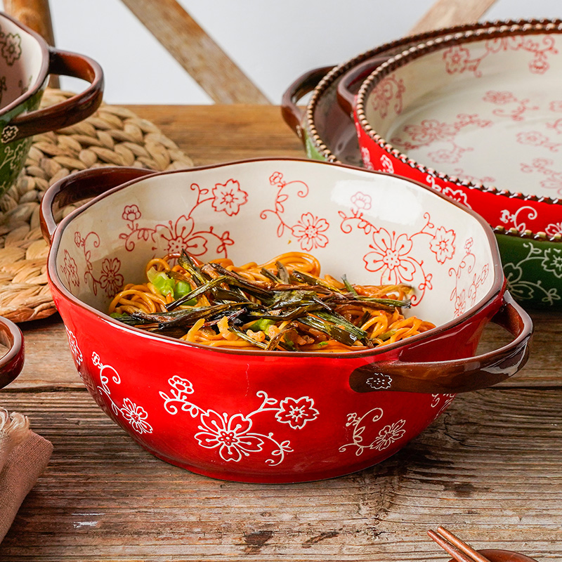 Hand Painted Ceramic Tableware Microwave Safe Ramen Soup Bowl with Double Ears