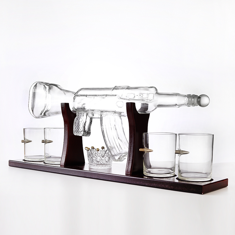 Handmade Glass 800ml Ak 47 Gun Shape Wine Whiskey Decanter Bottle Set with Cups