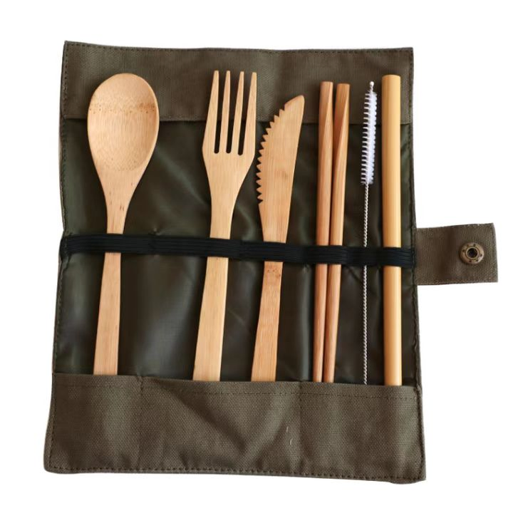 Wholesale Custom Travel Portable Reusable Organic Bamboo Spoon Fork Chopsticks Flatware Utensil Cutlery Set in Pouch