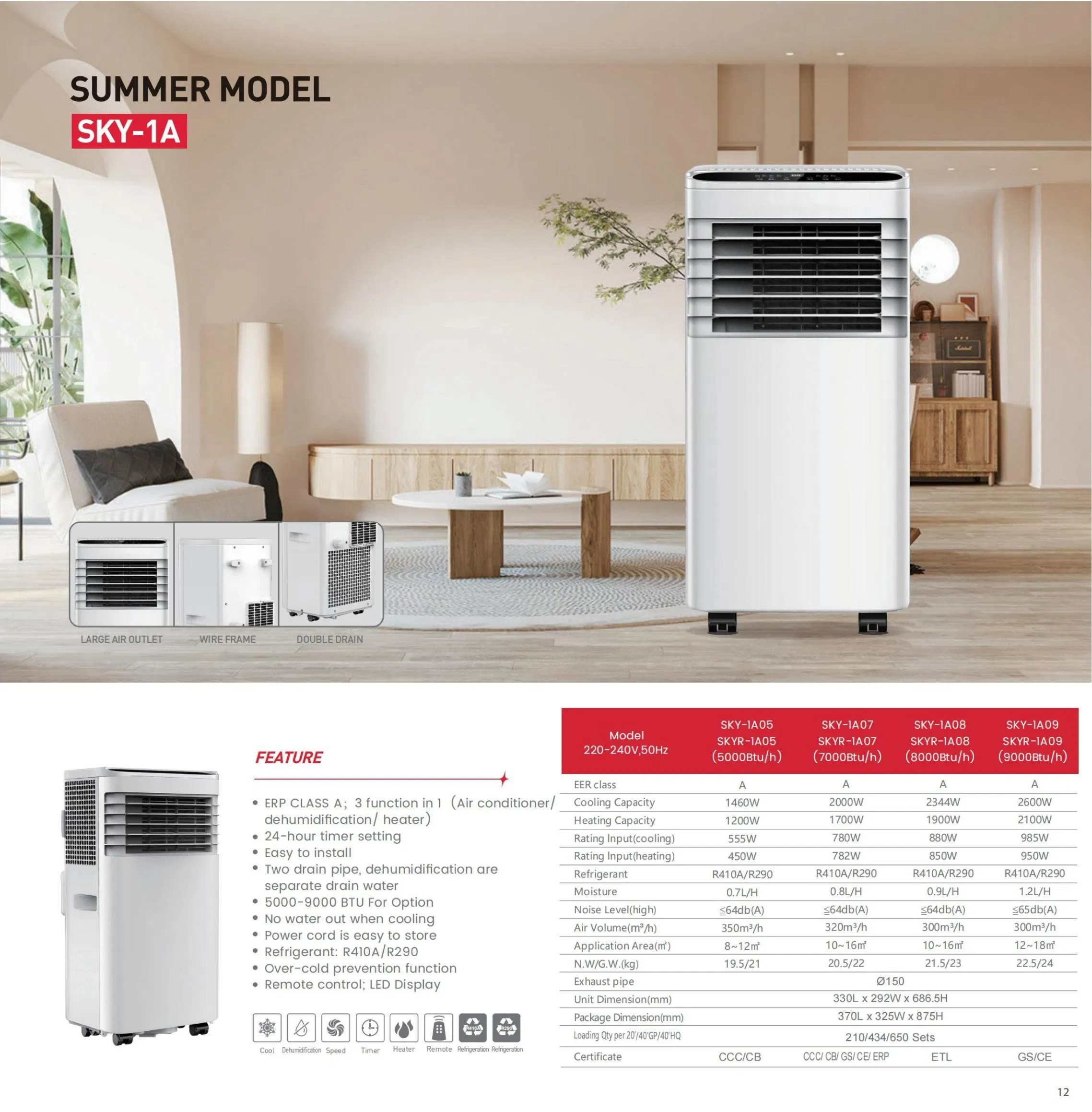 Напольный кондиционер 7000 BTU, мобильный, с охлаждением и обогревом