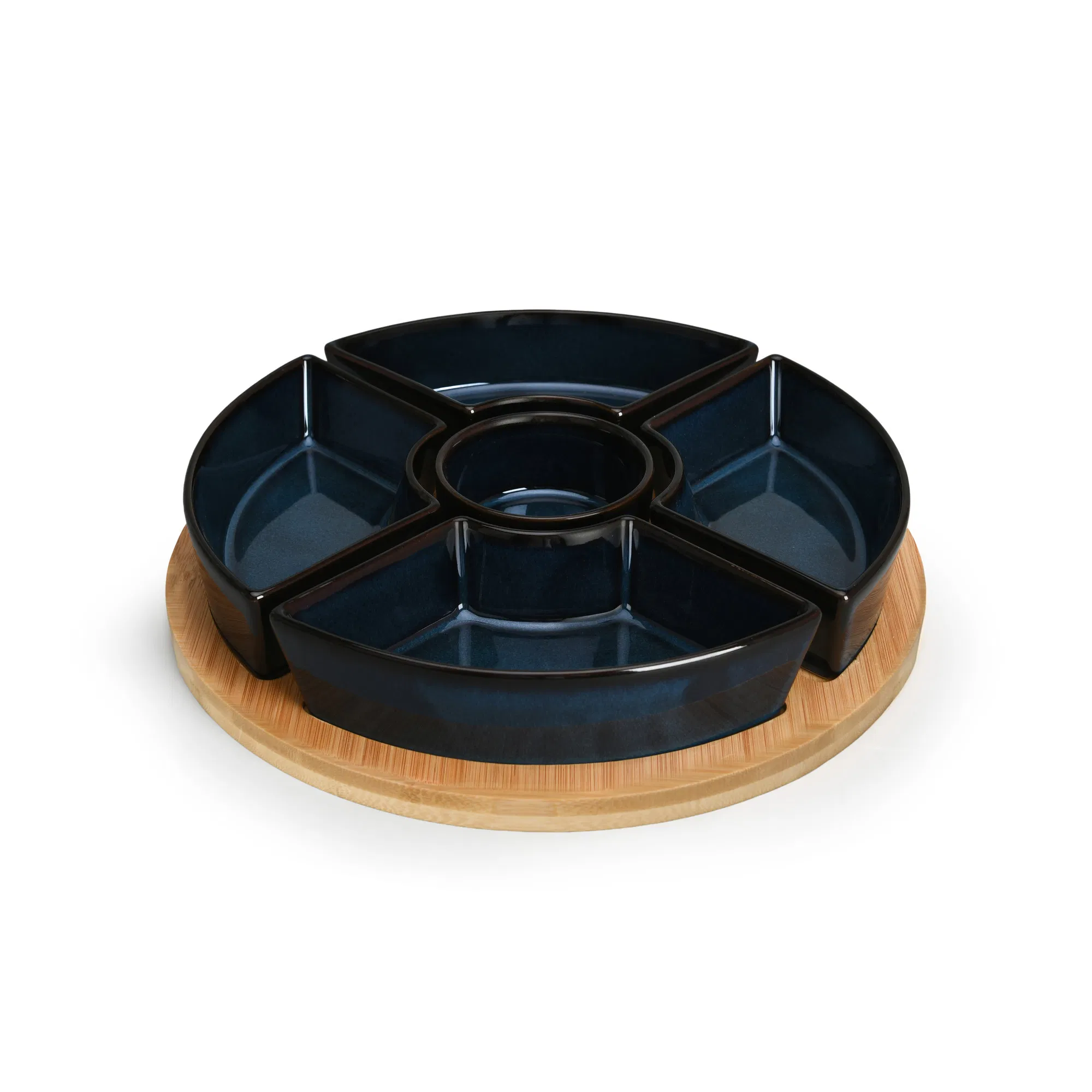 5PCS Divided Porcelain Servingware Ceramic Plate Set with Bamboo Tray