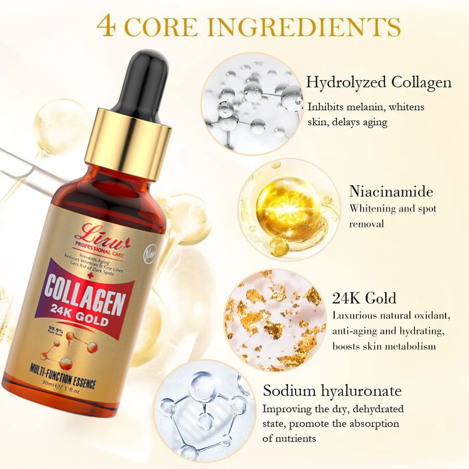 Private Label Skin Care Brightening Hyaluronic Acid Essence 24K Gold Collagen Face Serum
