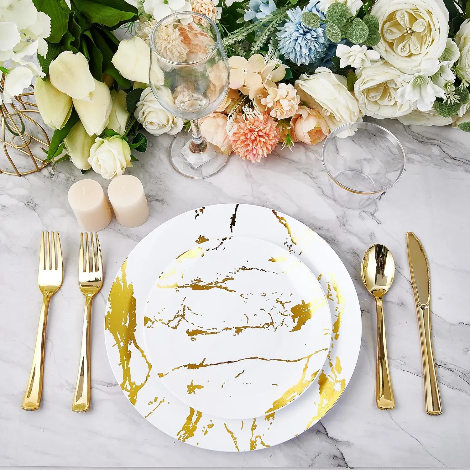 White and Gold Plastic Plates Plastic Silverware Marble Design Disposable Dinnerware for Wedding and Parties