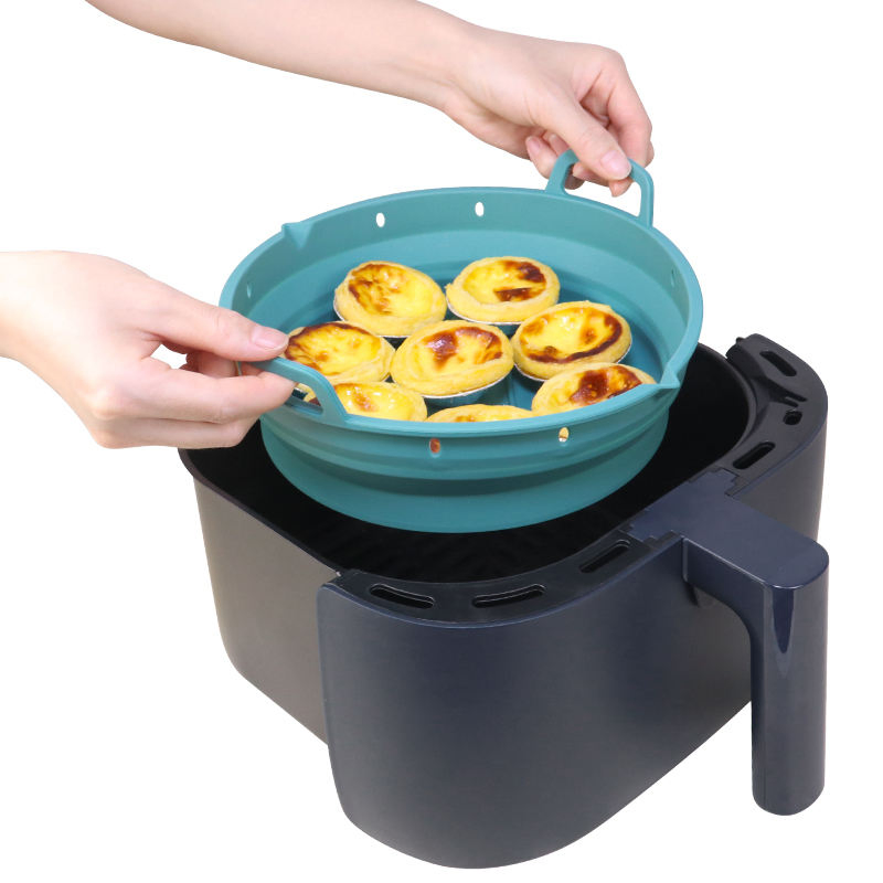 Food Grade Microwave Safe Foldable Nonstick Round Air Fryer Accessory Set Silicone Liners Pot with Oven Mitts and Pastry Oil Brush
