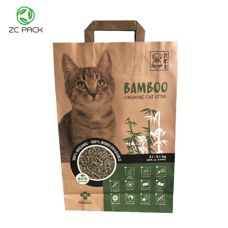 Reusable Food Grade Gift Garbage Shopping Paper Pouch Cat Litter Pet Food White Yellow Kraft Paper Handle Packaging Paper Bag
