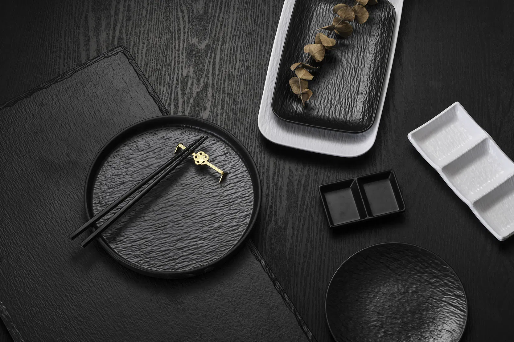 Melamine 2-Divided Sauce Plate Rectangular Appetizer Plate Stone Texture Serving Plate