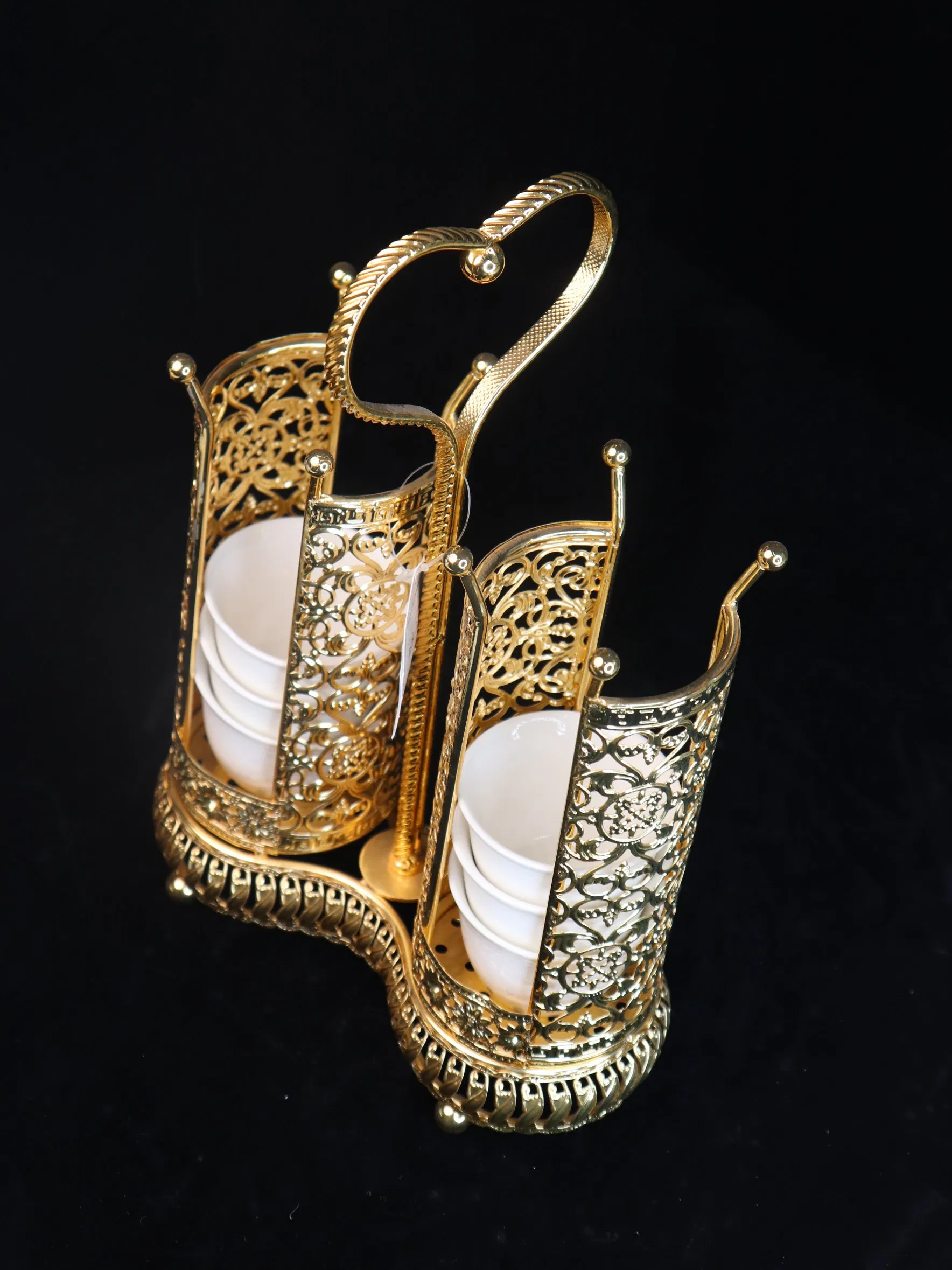Gold-Plated Iron Frame with Ceramic Tea Cup Decoration Set