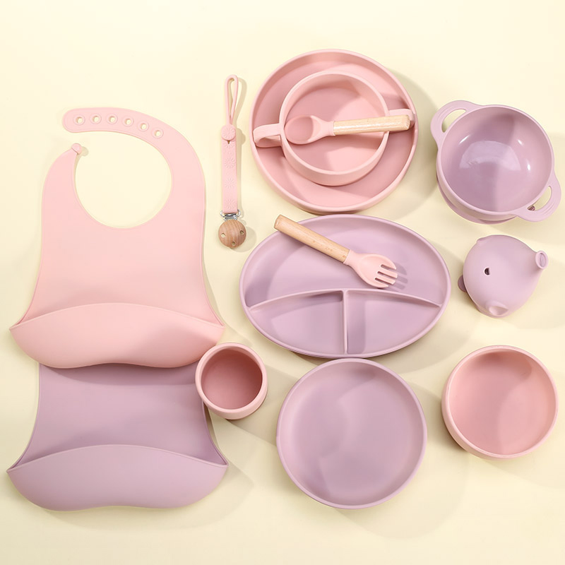 BPA Free Eco-Friendly Plate Silicone Baby Feeding Set with Suction Cup Bib