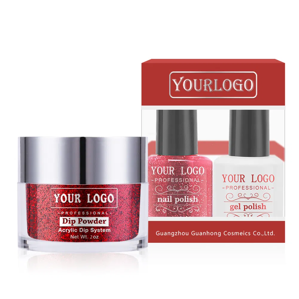 Red Color Glitter Nail Dipping Powder Match Gel Polish and Nail Lacquer