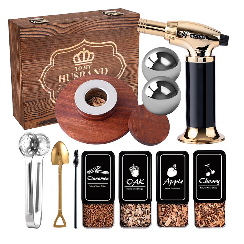 Shunstone Custom Cocktail Whiskey Smoker Kit with Torch Wood Chips Reusable Ice Ball Bar Accessories in Wooden Gift Box
