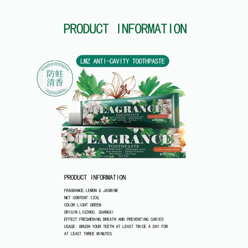 High-Quality Lemon Jasmine Flavor Teagrance Anti Cavity Toothpaste for Morning Brushing