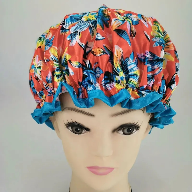 Popular Red Flower Printing Big Size Double Layer Bath Shower Cap