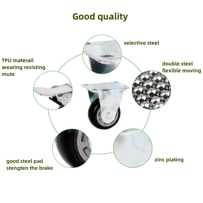 Industrial Steel Fixed Rigid Caster 2.5/3/4/5 Inch TPU Trolley Cart Plate Wheels