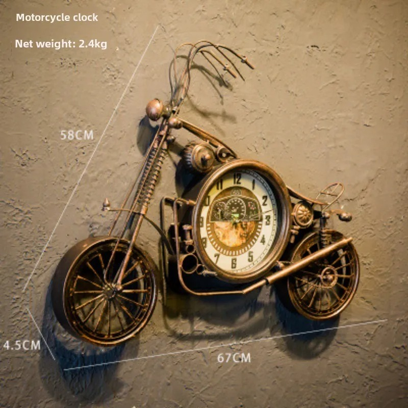 Silver Antique American Style Iron Motorcycle Clock Handmade Wall Clock