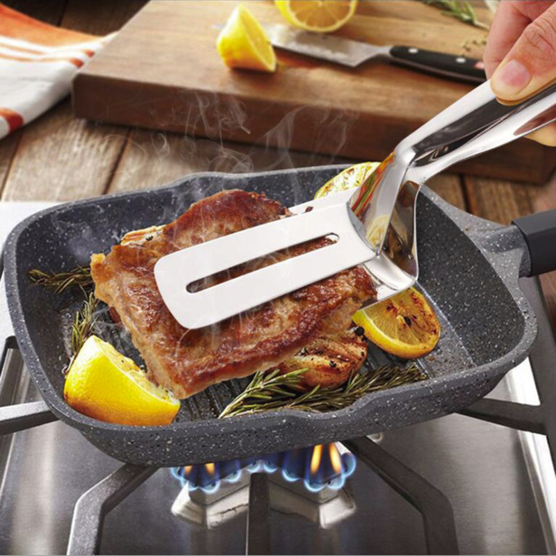 Stainless Steel 2-in-1 Kitchen Barbecue Steak Clamp Fish Spatula Food Clips Tongs