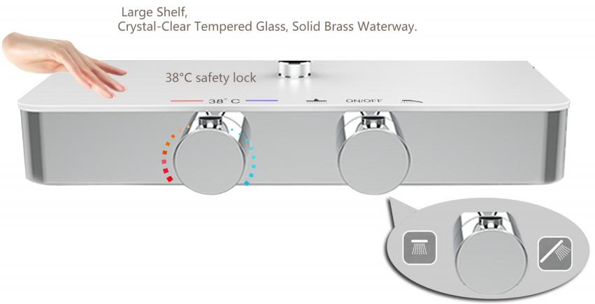 Sanitary Bathroom Bar Shower Water Tap Thermostatic Shower Mixer Sliding Rail with Shelf, Sliding Bar, Hand Shower