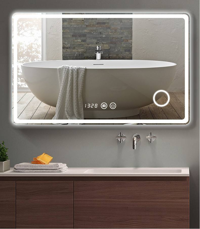 Modern Luxury Bath Mirrors Anti Fog Bathroom Vanity LED Illuminated Smart Mirror with Time Temperature Display