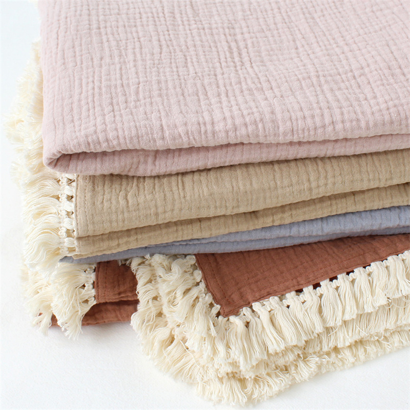 Double Layers Cotton Print Muslin Swaddle with Tassel Trim Baby Blanket