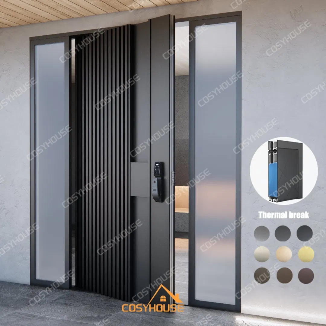 European Style Aluminium Pivot Entry Doors Modern Aluminum Wood Door with Two Sidelights Large Main Front Entry Door