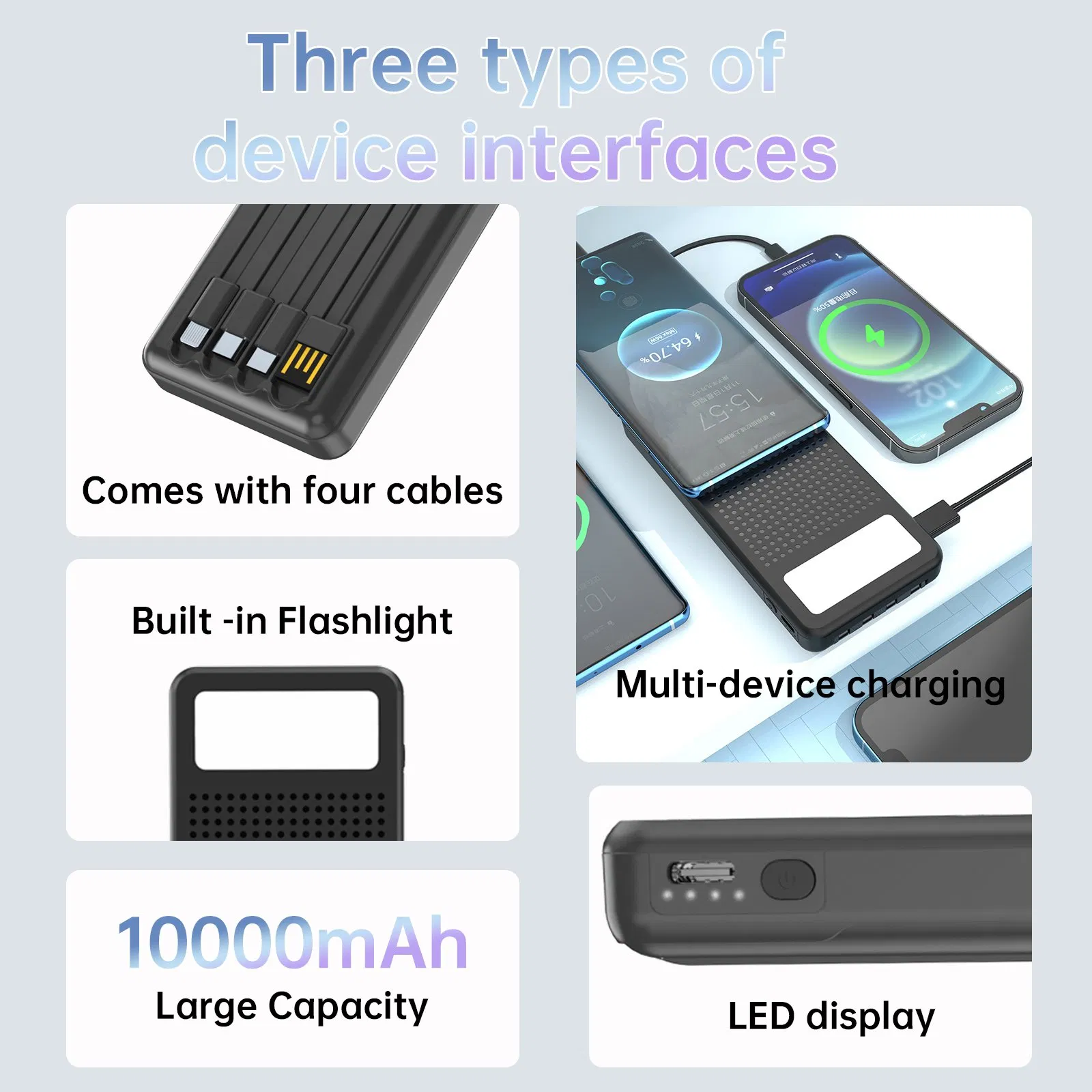OEM Build in Cable 10000mAh Power Banks Build in Flashlight Power Bank