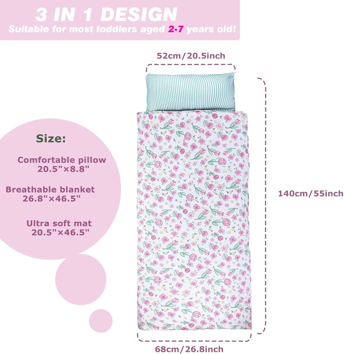 Toddler Nap Mat with Pillow & Blanket for 3-7 Years Boys Girls