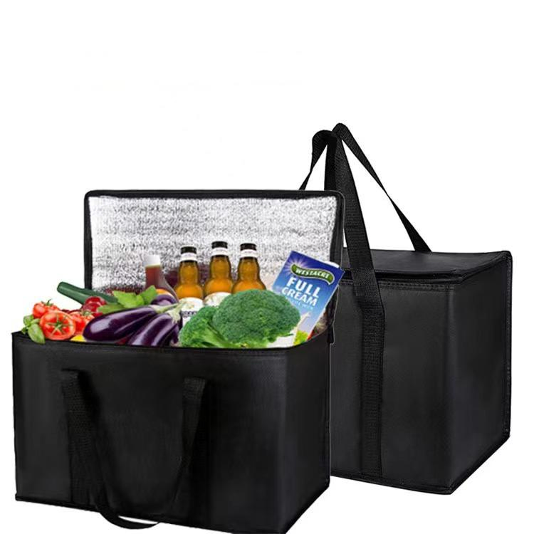 Insulated Grocery Shopping Bags Black Reusable Thermal Zippe Collapsible Tote Cooler Food Transport Hot and Cold Camping Recycled Material Delivery Groceries