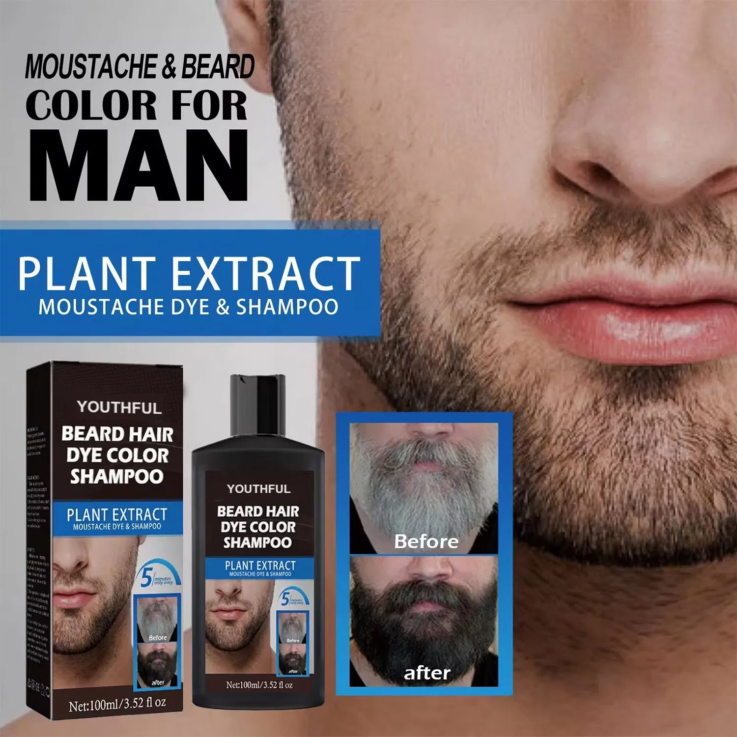 Easy Use Men's Moustache Beard Hair Dye Color Black Shampoo