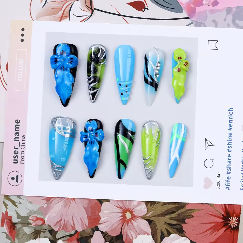 New Design 10PCS Blue Flower Acrylic Stiletto Handmade Press on Nails