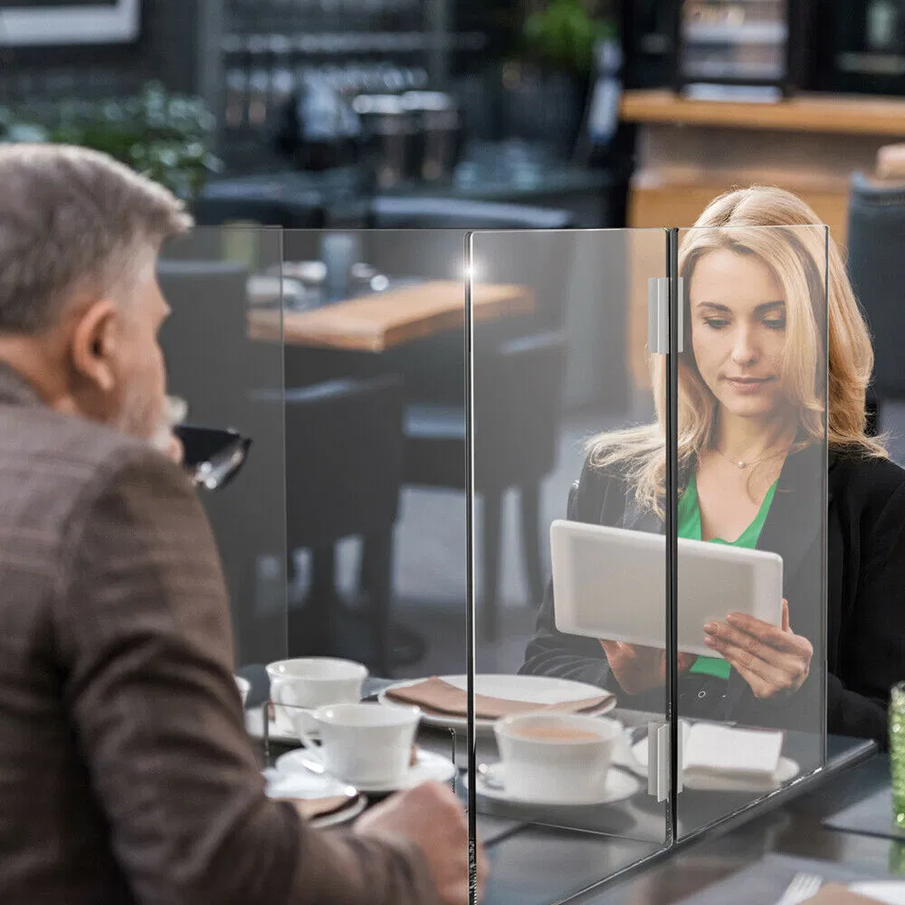 Sneeze Guard for Counter and Desk, Portable Plexiglass Acrylic Freestanding Protective Shield with Transaction Window for Office, Stores