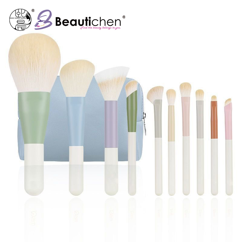 Beautichen 10-Piece Pastel Makeup Brush Set with Zipper Bag – Soft Synthetic Bristles for Face & Eye – Foundation, Blending & Eyeshadow Brushes