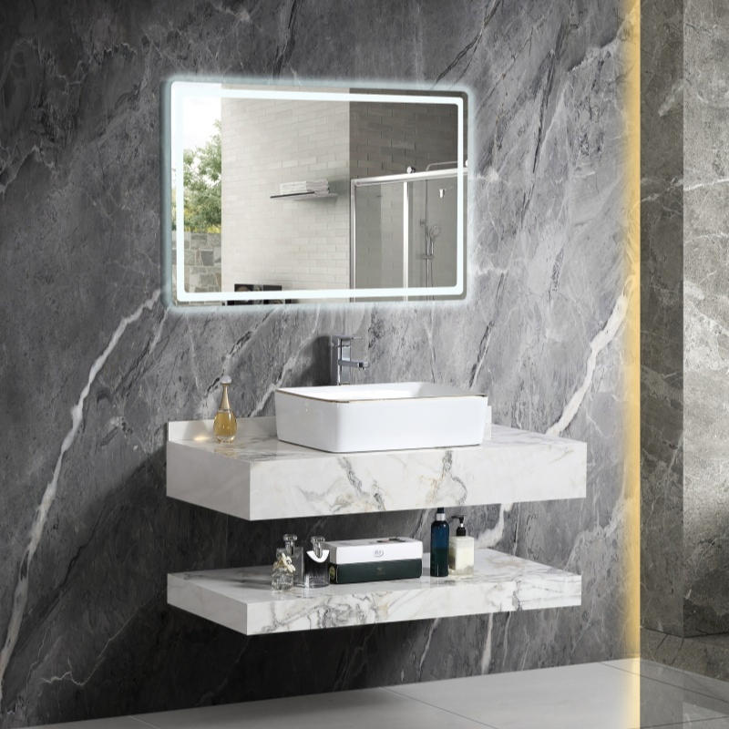 Wall Mounted White Marble Sintered Stone Cabinet Wash Basin Floating Bathroom Vanities with Mirror
