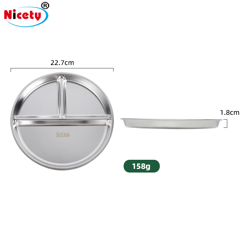 Novel New Design Stainless Steel 3-Compartment Divided Dinner Plate for School and Kids
