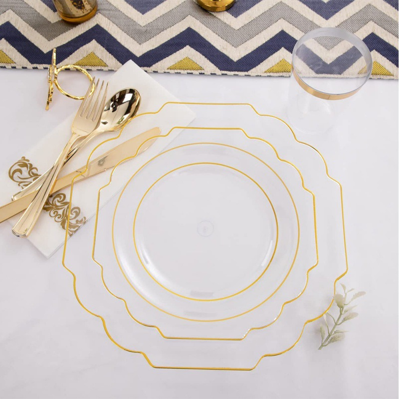 175PCS Disposable 25 Guests Luxury Plastic Plates Disposable Party Black Gold Color Disposable Plate Set