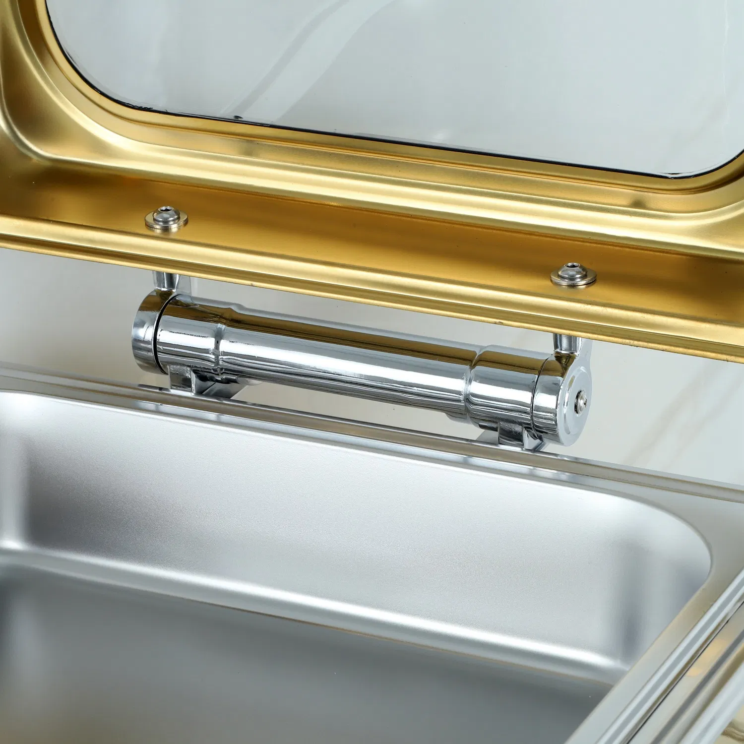 Gold Luxury Commercial Fuel Food Warmer Stainless Steel Chafing Dish with Modern Hotel Restaurant Buffets Square Glass Lid