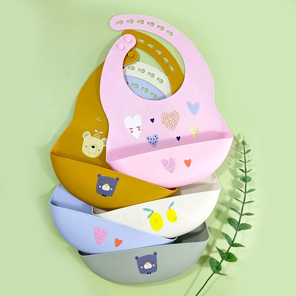 Waterproof Food Grade Baby Silicone Bibs Colorful Cute Pattern Silicone Baby Bib Custom Toddler Feeding Product