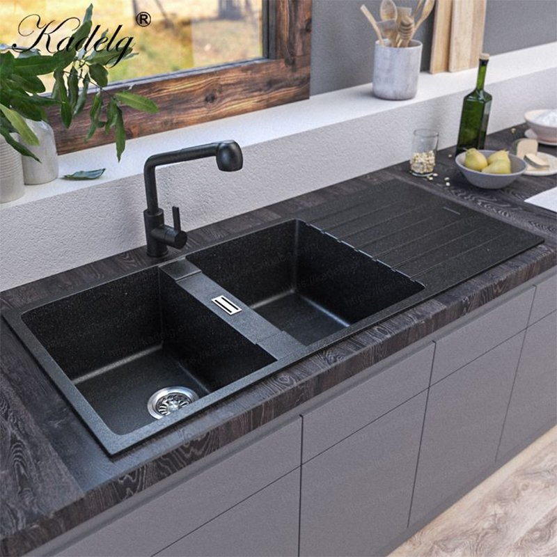 Wholesale Factory Price Modern Black Composite Granite Kitchen Sink Double Bowl Handmade Sink Undermount Stone Hand Wash Sink Quartz Kitchen Sink Farmhouse Sink