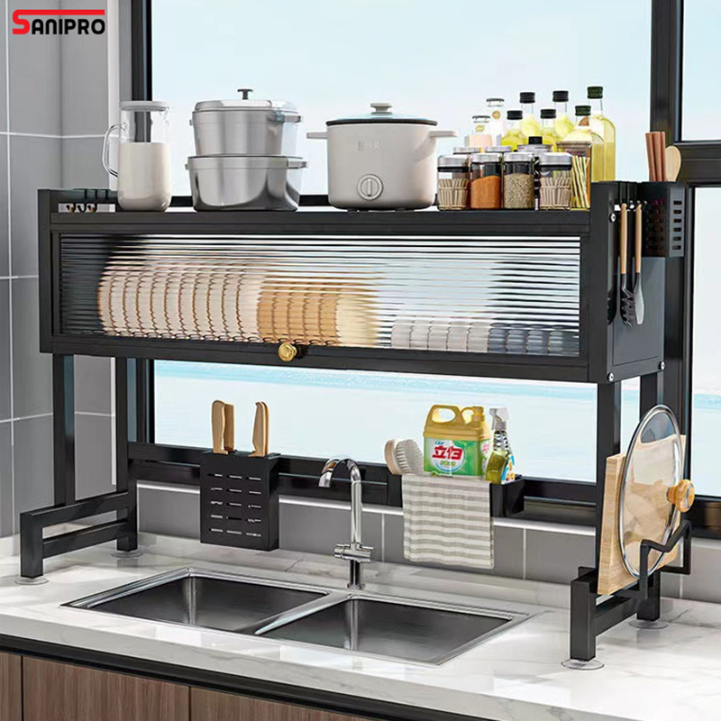 Sanipro Multi-Function Dustproof Cupboard Carbon Steel 2 Tier Large Storage Kitchen Rack Dishwashing Sink Dish Drain Rack