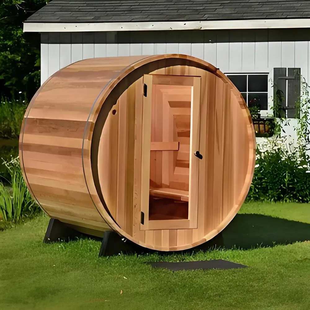 Luxurious Barrel Sauna with Wood Burning Stove for Home Enjoyment
