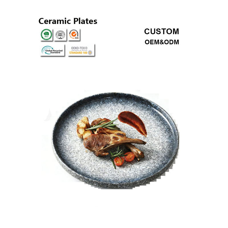 Custom Round Shallow Matte Black Restaurant Food Salad Steak Dinner Ceramic Plates