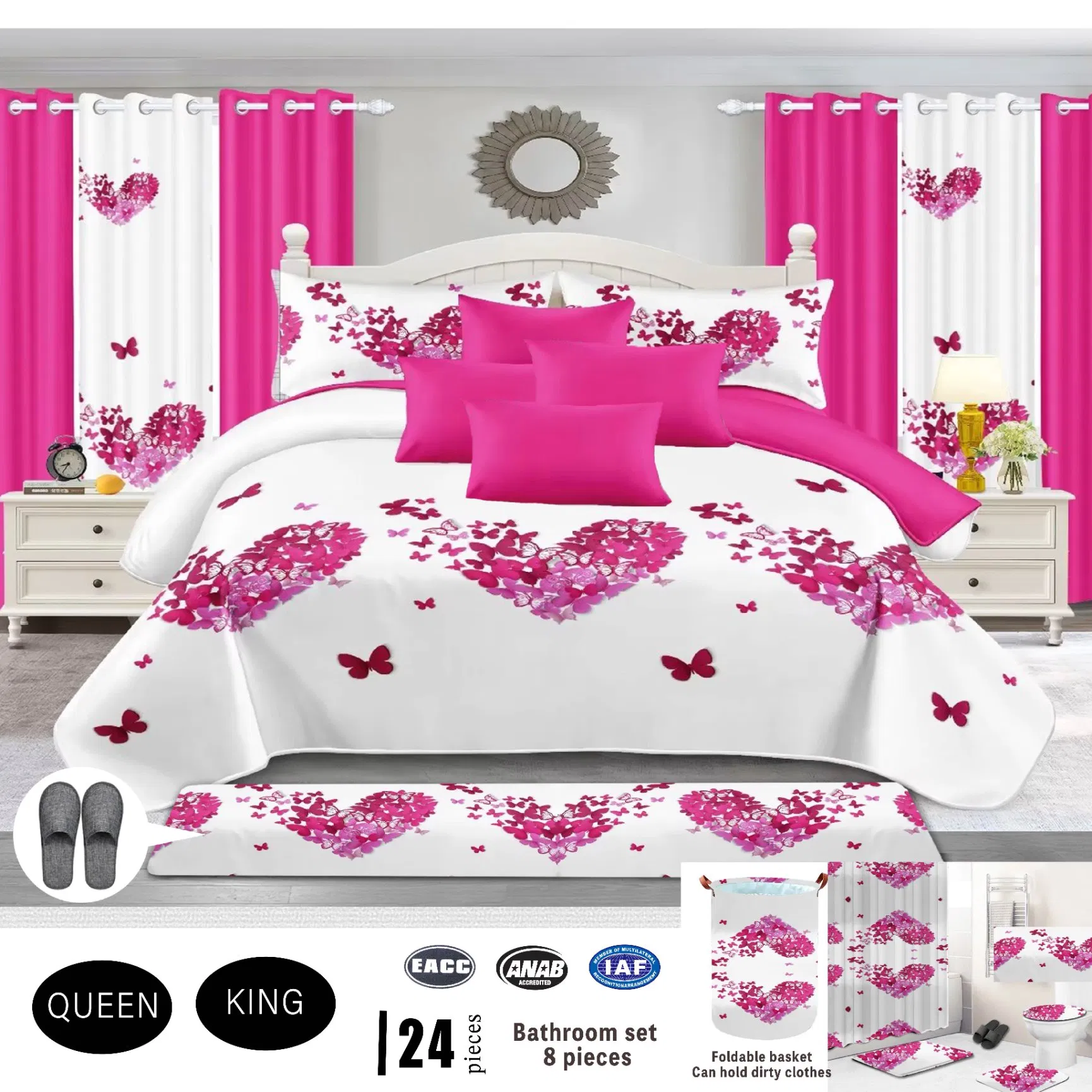 White 24PCS Home Textile 8-Piece Bathroom Bedding Set Queen King Size Bed Cover Premium Pillow Shams Bed Sheets Bedspread with Curtains