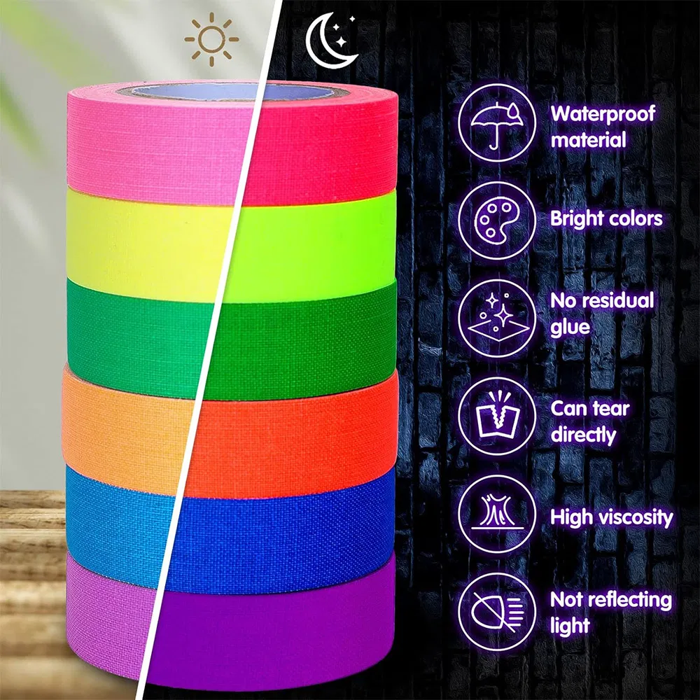 6 Colours Neon Gaffer Cloth Tape Fluorescent UV Blacklight Glow in The Dark Tape for UV Party