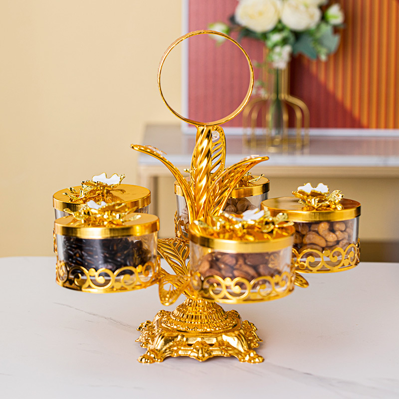 Home Decor Bowl Set, Includes 4 Glass Bowls and Gold-Plated Iron Stand Chocolate Jar