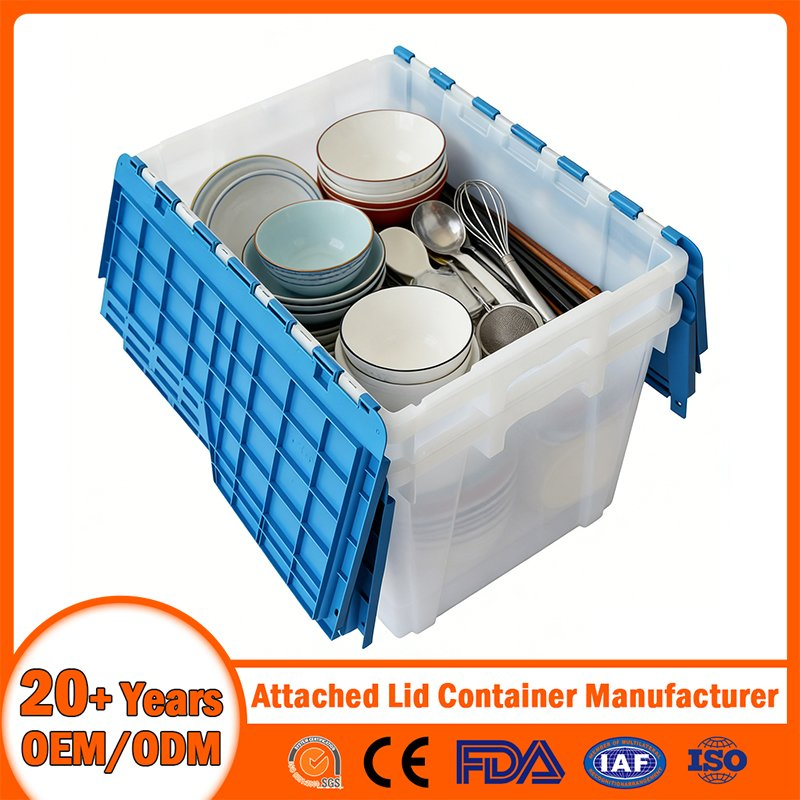 China Plastic Attached Lid Container Manufacturer Stackable/Nestable/Lobster/Bale Arm/EU/Euo Moving Mesh Turnover Logistic/Bread/Egg/Beer Tote Plastic Container