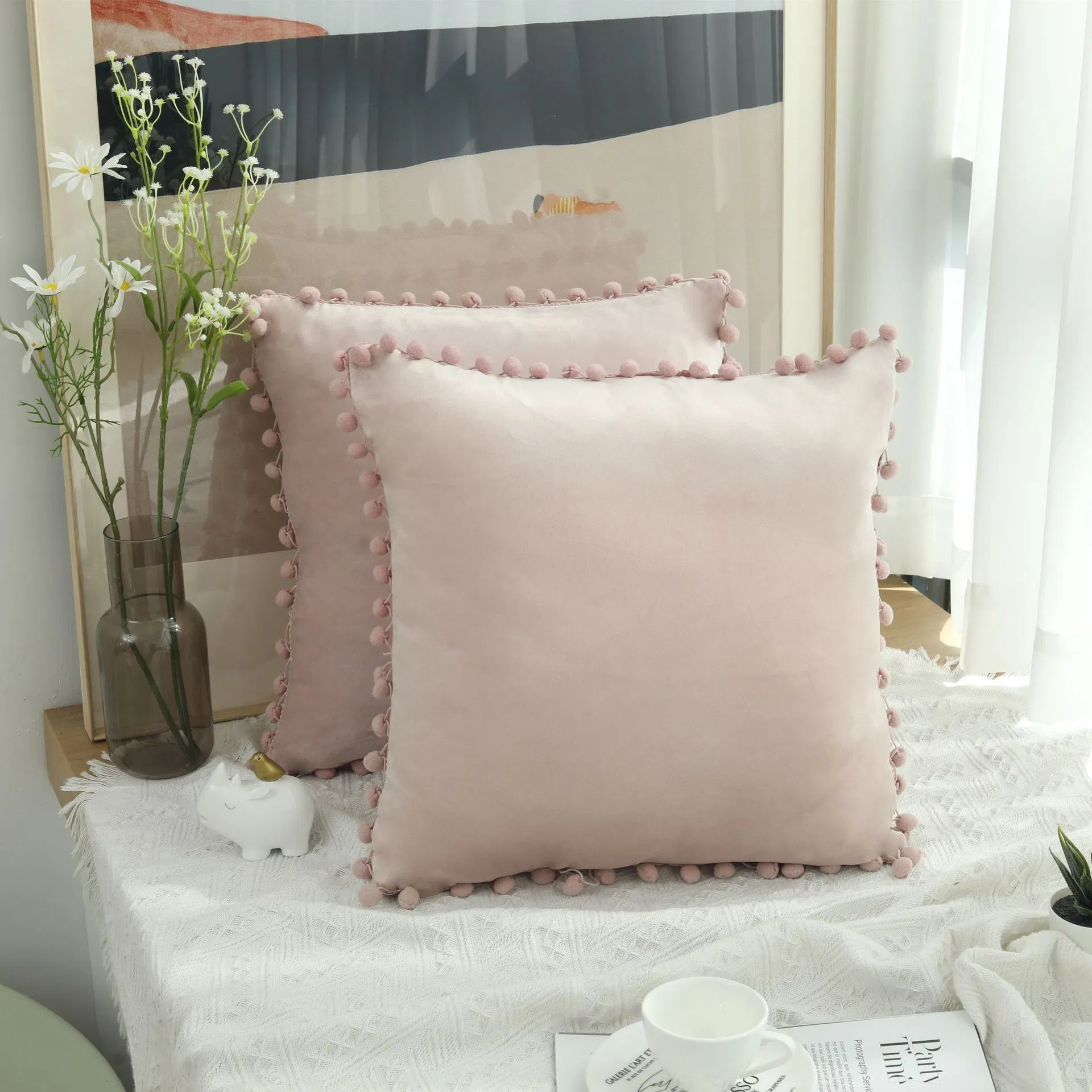 Decorative Throw Pillow Covers with POM-Poms for Couch Bedroom, Halloween Pumpkin Autumn Soft Plush Accent Cushion Case
