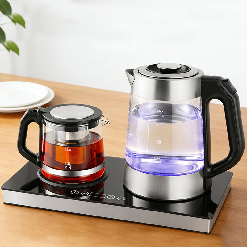 Yuekon 1800 Watt 2.7L Borosilicate Glass Electric Turkish Tea Maker Tray Boil Dry and Overheat Protection Double Kettles for Tea