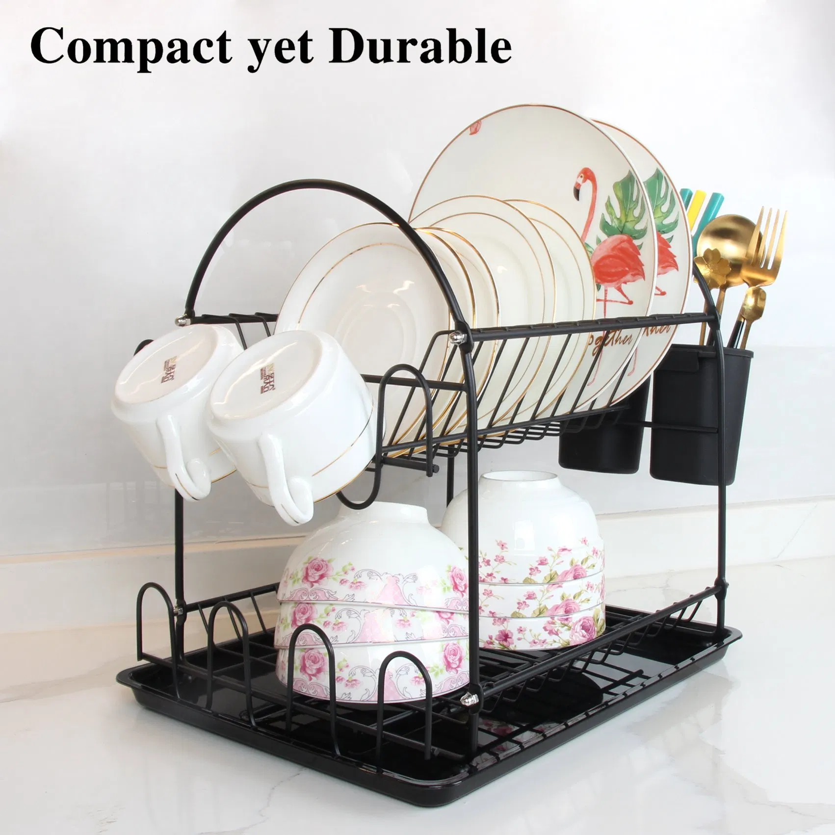 2 Tier Black Kitchen Dish Drainer Drying Rack for Dishes Cups