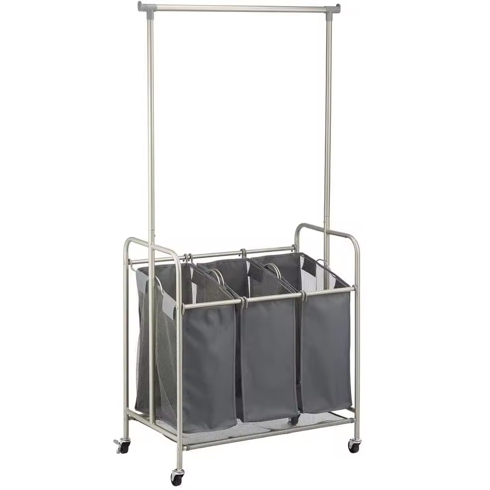 Portable Wheels Laundry Sorter with Steel Hanging Bar