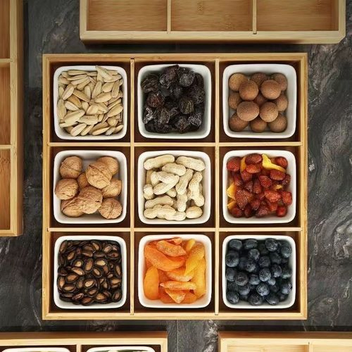 Bamboo Nut and Candy Serving Tray Party Appetizer Platter Ceramic Serving Plate